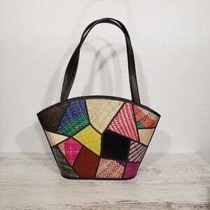 Le Sac Purse  Buri Palm Natural Fiber Handbag Purse  NWOT  Colorful Patchwork